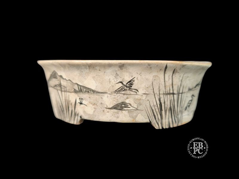 Vasart Bonsai - Italy.  16cm; Oval; Hand-Painted; Sumi-e; &#39;Fisherman &amp; Birds&#39;; Mottled Finish; Made by Vasart Bonsai; EBPC Stamped;  *EBPC DIRECT (Sent to you from within the EU!) *
