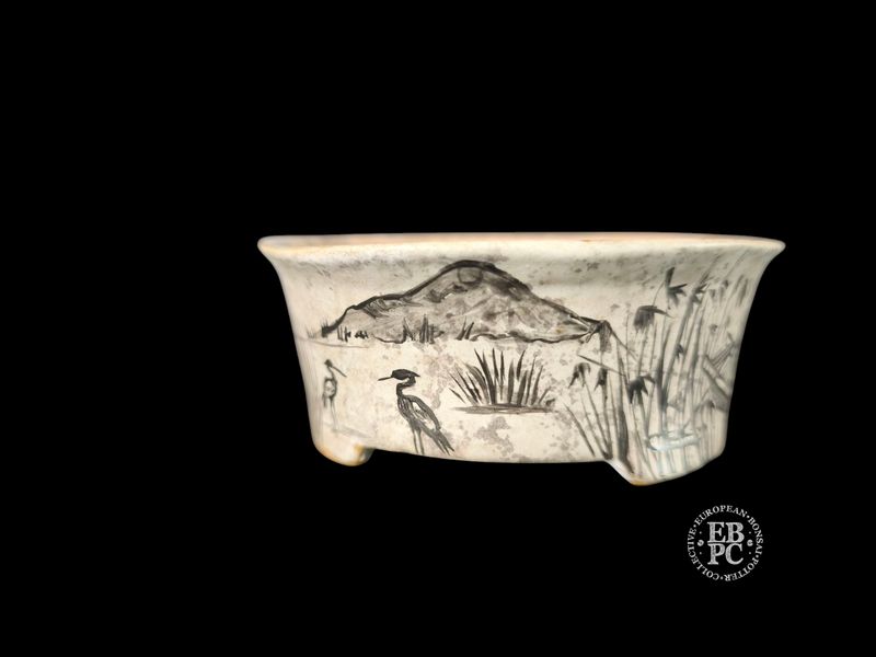 Vasart Bonsai - Italy. 16cm; Oval; Hand-Painted; Sumi-e; 'Fisherman & Birds'; Mottled Finish; Made by Vasart Bonsai; EBPC Stamped; *EBPC DIRECT (Sent to you from within the EU!) *