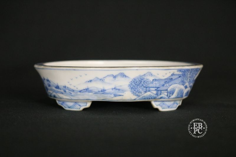 Itou Gekkou, Japan.   10.7cm; Porcelain; Oval; Hand-painted; Sometsuke Blue Underglaze Painting; Sansui Scenes; Hand-Signed by the artist.