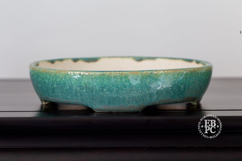Michal Mokry - Netherlands.   16.2cm; Oval; Superb Oribe Crystalline Glaze; Greens; Made by Michal Mokry.  *EBPC DIRECT (Sent to you from within the EU!) *