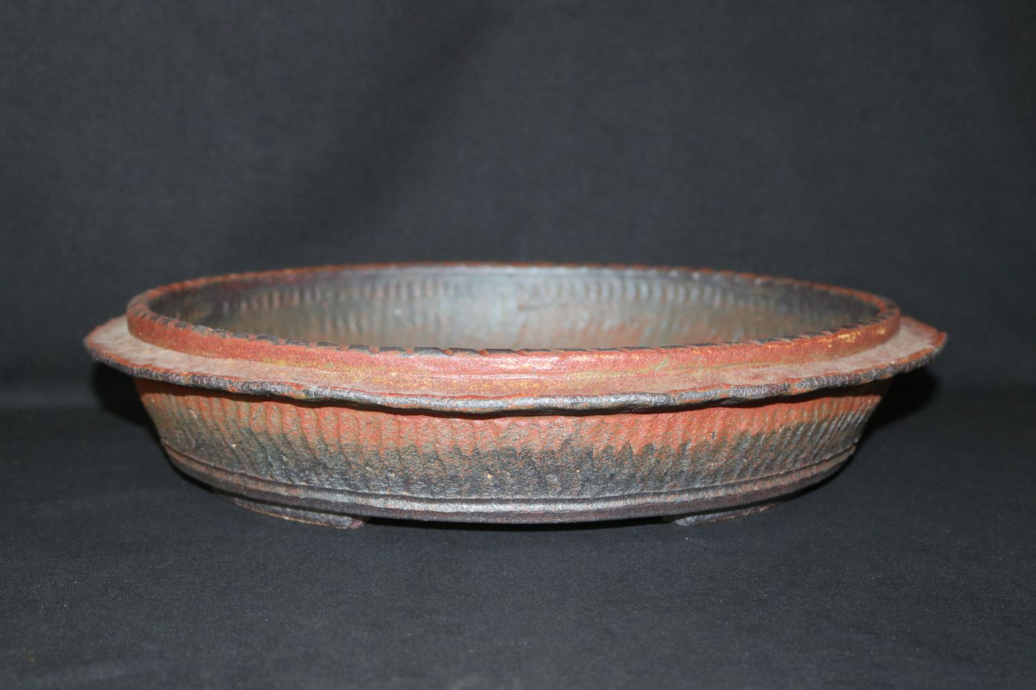 Dan Barton - England.  40cm Round; Unglazed; Oxides; Subtle Textured Patterns; Rope Design Rim; Aged, Rugged Organic Feel; Never Used   Dansai