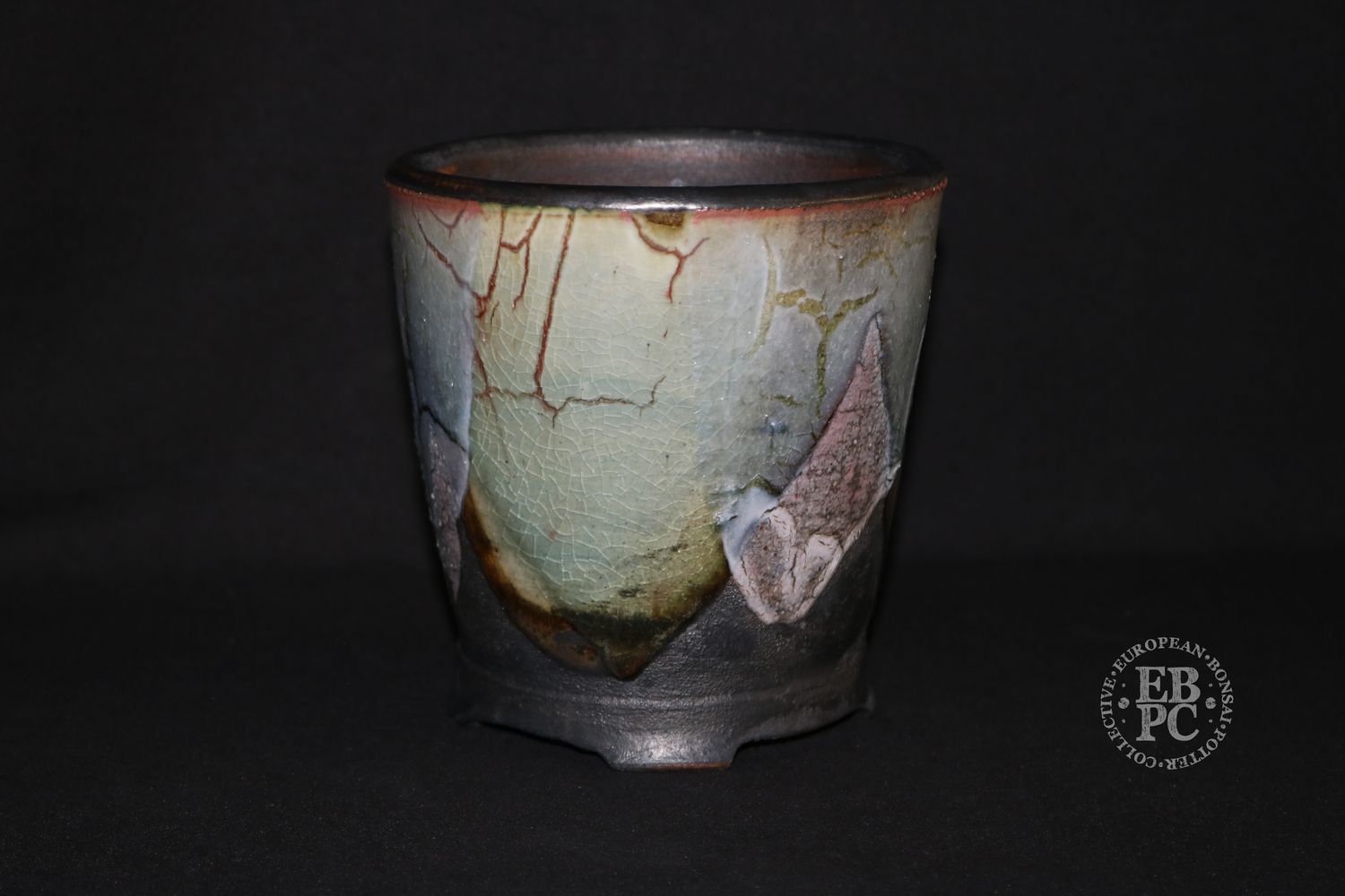 Eddie Curtis, England.   - 13.2cm; Hand-thrown; Round; Exceptional Glaze Techniques; Celadon; Scorch; Blood-Red; Crackle Effect; Stamped EBPC &amp; with Artist&#39;s Logo.