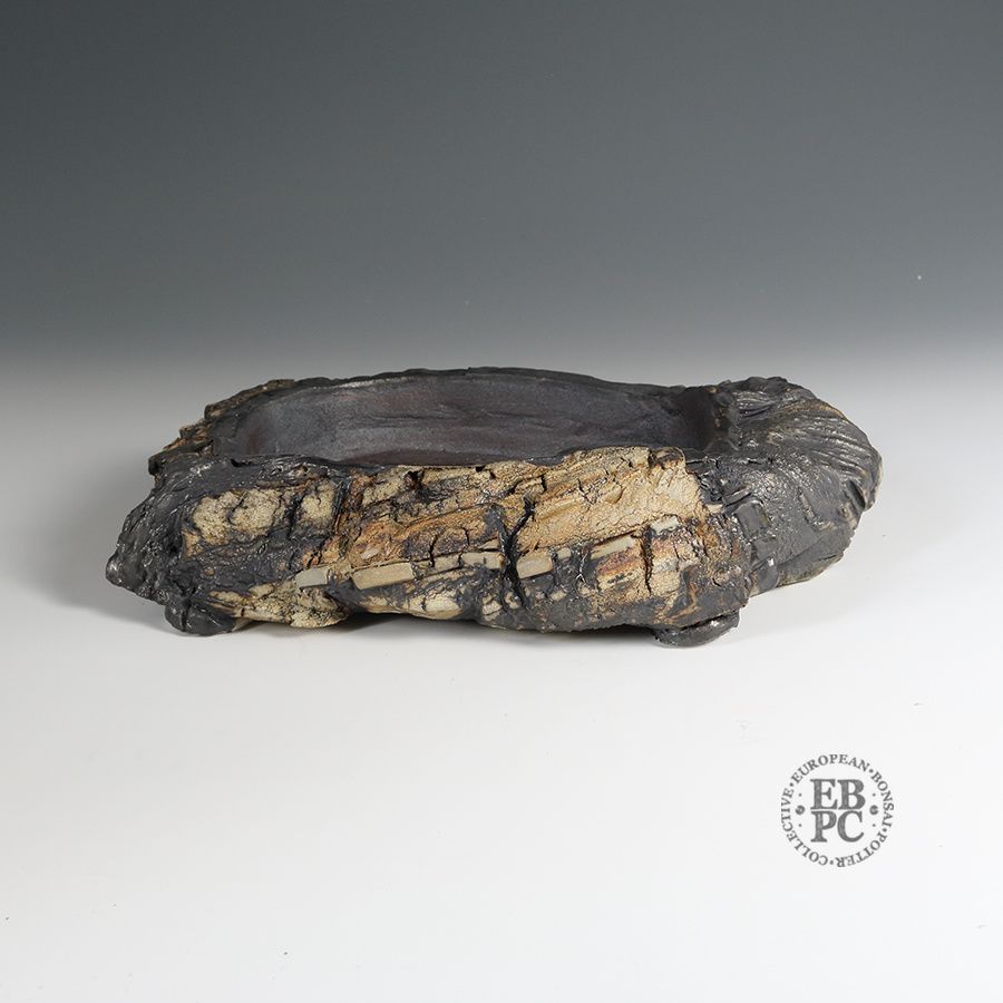 Eddie Curtis, England.   - 36cm; Unique Design Bonsai Pot; Lithic/Rock Effect; Multiple Finish Techniques; Various Distinct Textures; Artist Stamped;
