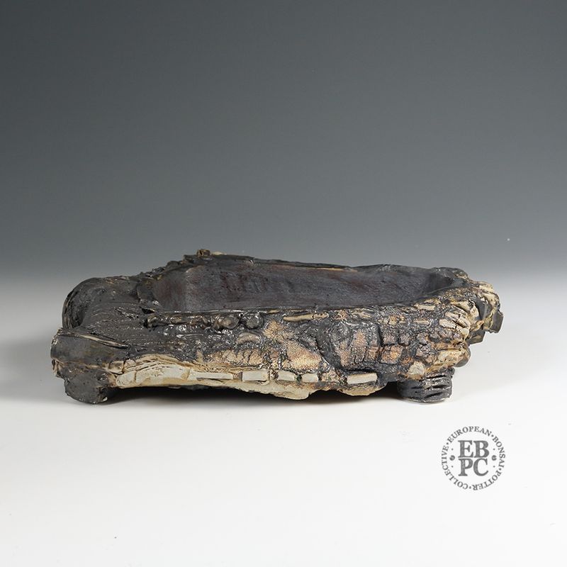 Eddie Curtis, England. - 36cm; Unique Design Bonsai Pot; Lithic/Rock Effect; Multiple Finish Techniques; Various Distinct Textures; Artist Stamped;