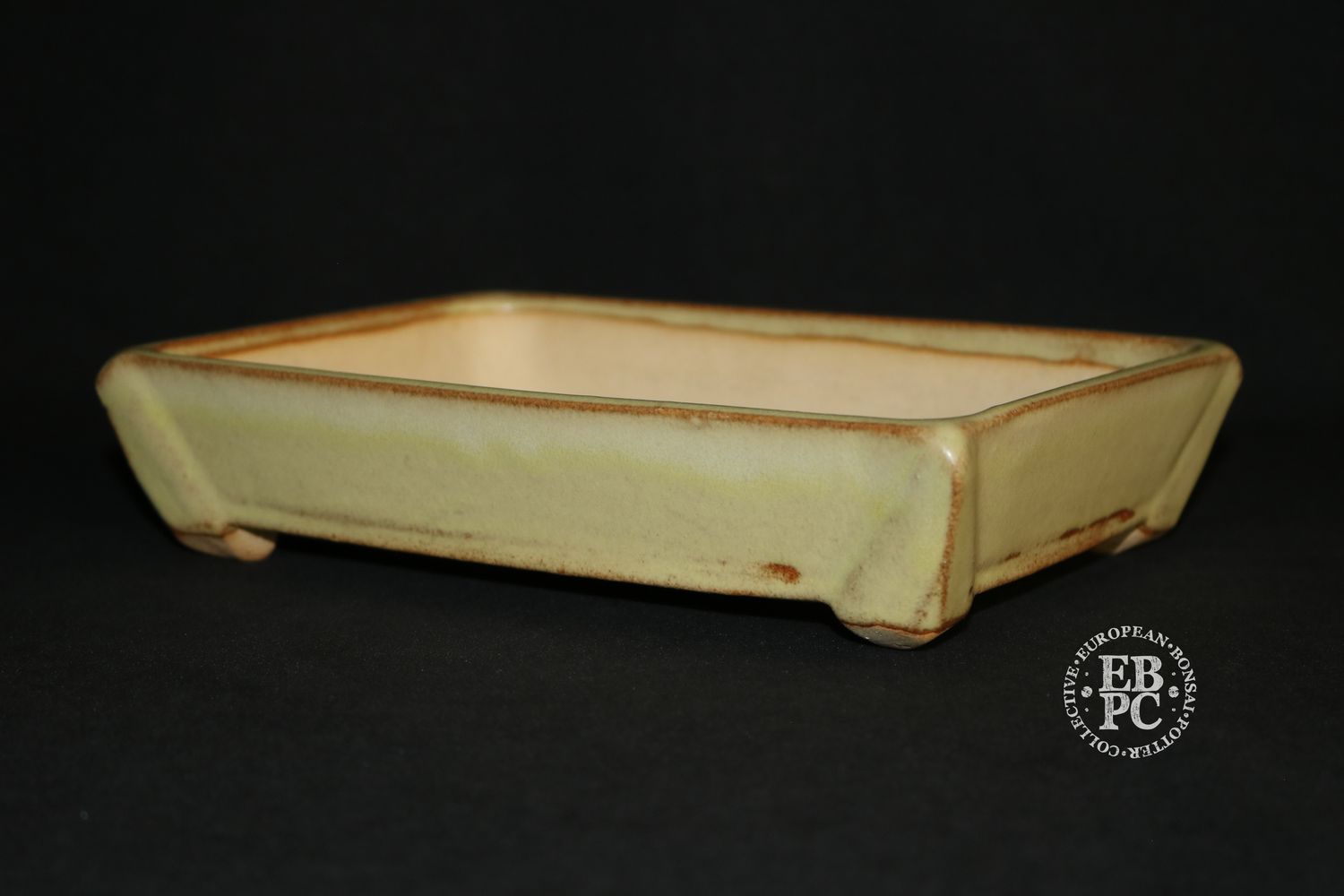 Fusion Ceramics - Netherlands.   - 21.4cm; Geometric Corner Design; Glazed; Rectangle; High-Fired Stoneware; Sumptuous  Pale Yellow Glaze; Browns; Hand-signed; EBPC Stamped. Niels Van der Wal.