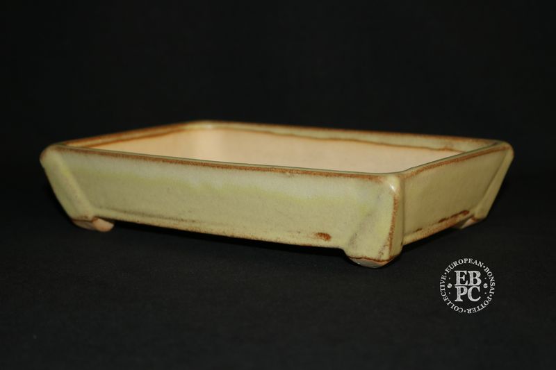 Fusion Ceramics - Netherlands.   - 21.4cm; Geometric Corner Design; Glazed; Rectangle; High-Fired Stoneware; Sumptuous  Pale Yellow Glaze; Browns; Hand-signed; EBPC Stamped. Niels Van der Wal.