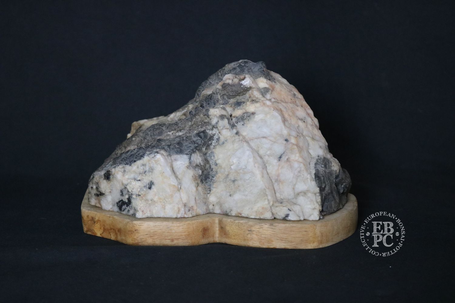 Suiseki; 20cm; Viewing Stone; Yamagata-ishi; Kuro-ishi; Rock &amp; Snow Colours. Carved Wooden Daiza Base; Derek Aspinall&#39;s Private Collection.  - Selling for Derek&#39;s family.