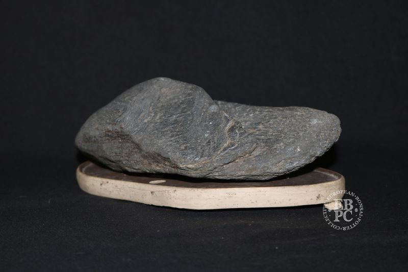 Suiseki; 19.cm; Viewing Stone; Platform Stone; Kuro-ishi; D. Grey; Ceramic Daiza Base Made By Derek Aspinall, England, Derek Aspinall&#39;s Private Collection. Daiza Damage - Selling for Derek&#39;s family.