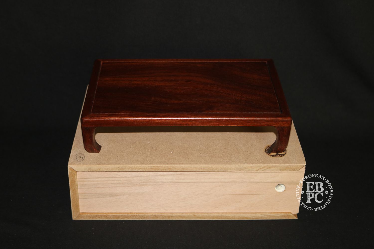 David Harris Bonsai Tables - Hand-Crafted; 24.5cm; Display Table; Sapelle Wood Frame; Inset Brazilian Mahogany Top; Inward Curving Legs; Protective Box; Stamped.