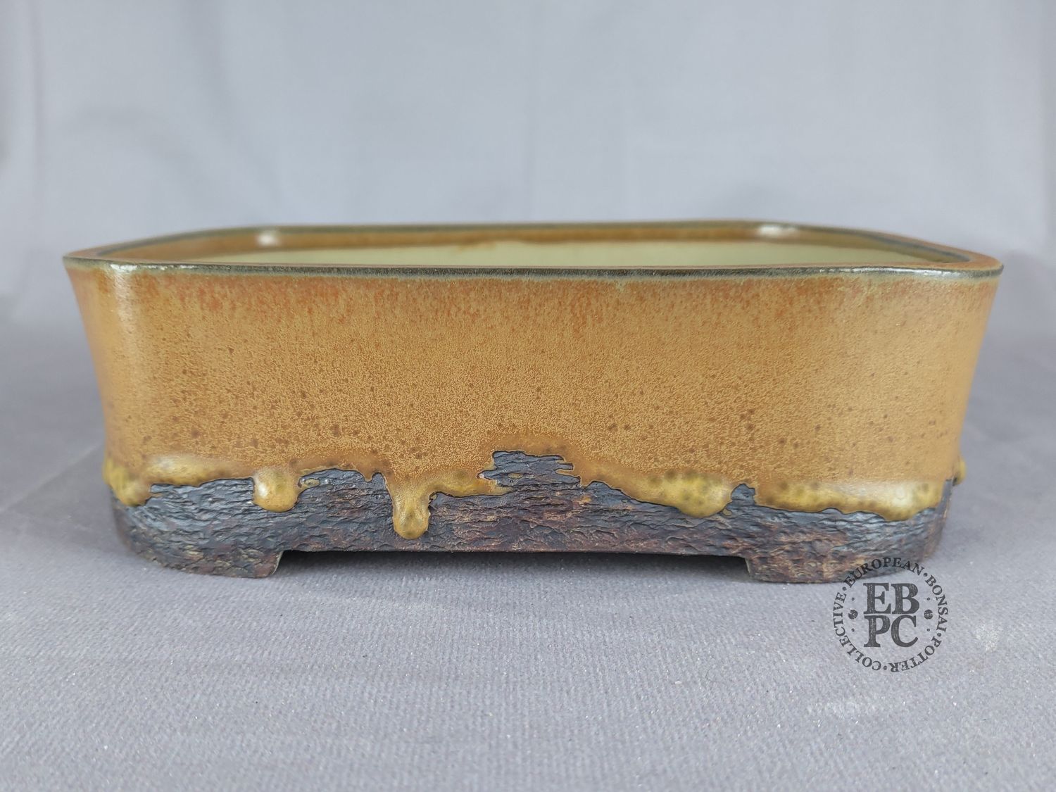 Terrajade, France.   Rectangle; 22cm; Glazed; Soft Corner Design; Drippy Brown Glaze; Textured Base &amp; Feet; Membership Launch Edition; EBPC Stamped