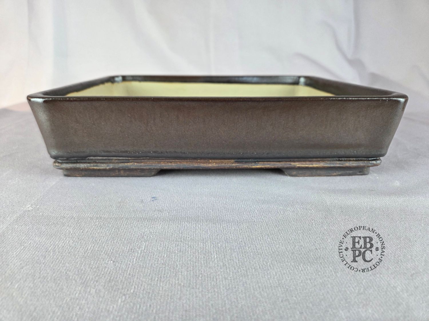 Terrajade, France.   Rectangle; 28cm; Glazed; Taupe Glaze; Grey/Brown; Basal Band; Recessed Feet; Membership Launch Edition; EBPC Stamped