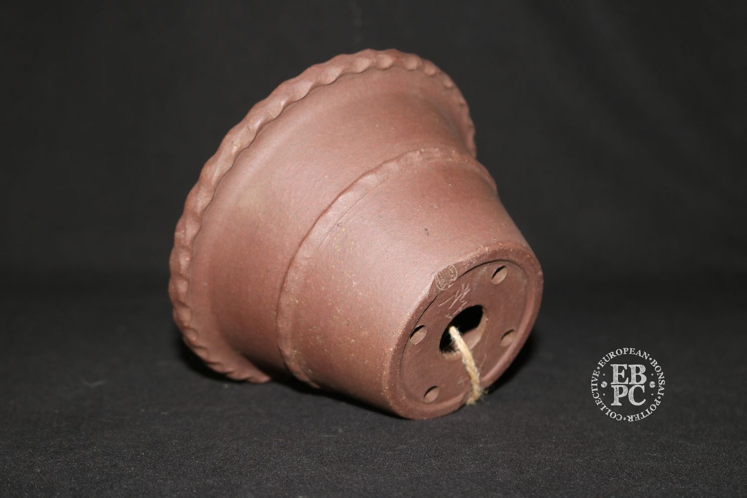 Yamaaki – Toshio Kataoka, Tokoname, Japan.  13.7cm; Round; Unglazed; Rope Design Rim; Stamped By Artist;