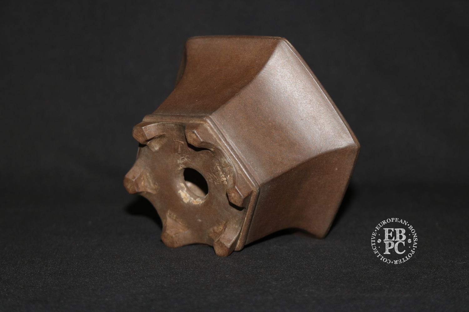 Kamiya Ryuen, Japan.  Deceased.    11.2cm; Hexagon; Unglazed; Kurinuki Made; Refined Form; Hand-Signed By Artist;