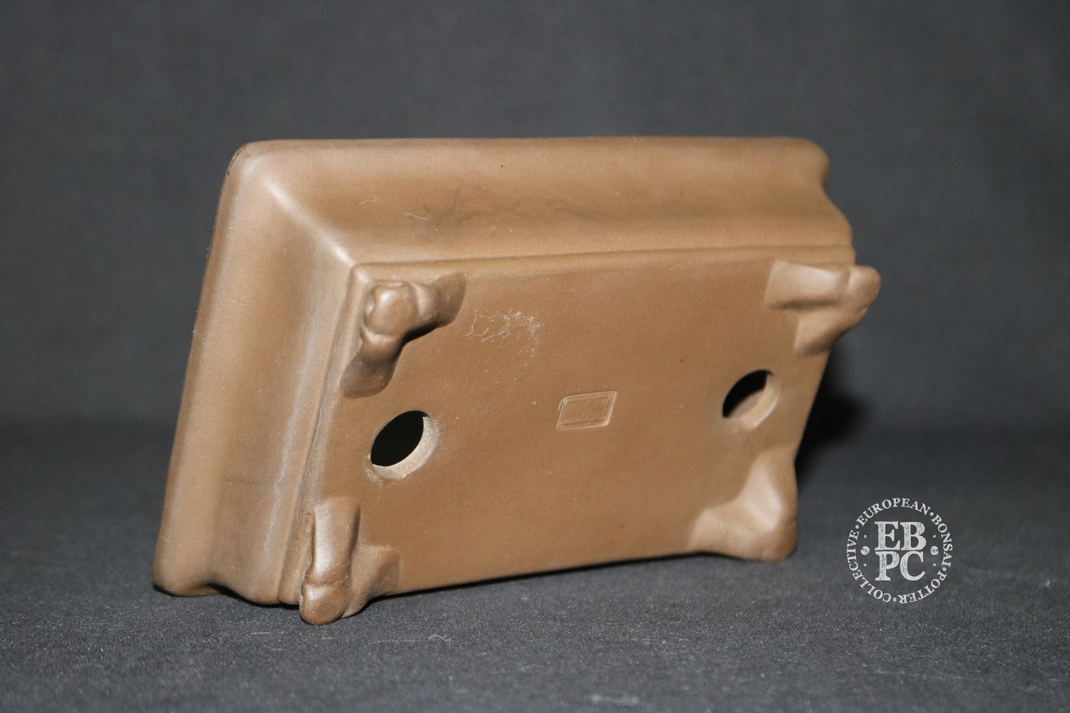 Yamaaki – Tokoname, Japan.  15.2cm; Rectangle; Formal design; Unglazed; Cloud Feet; Stamped By Artist;