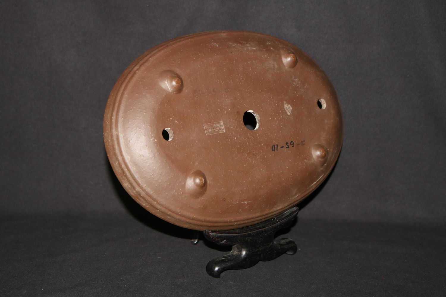 Yamaaki – Tokoname, Japan.  35cm; Shallow Oval; Formal Landscape Design; Unglazed; Neko Ashi Feet; Stamped By Artist;