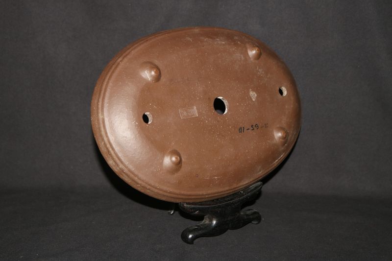 Yamaaki – Tokoname, Japan.  35cm; Shallow Oval; Formal Landscape Design; Unglazed; Neko Ashi Feet; Stamped By Artist;