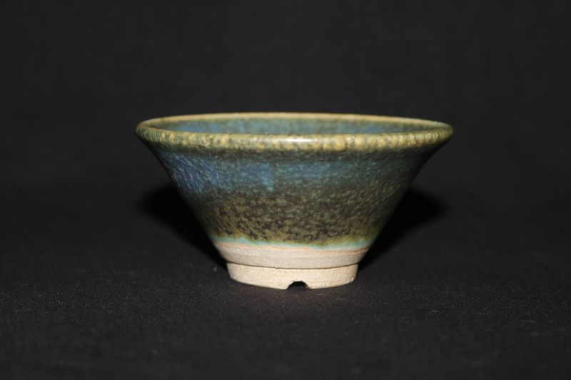 Unknown Maker; Kusamono Pot; 9.5cm; Round; Flared Design; Glazed; Blue; Green; Shipped by the EBPC (UK) - From Bryan Albright's Private Collection -