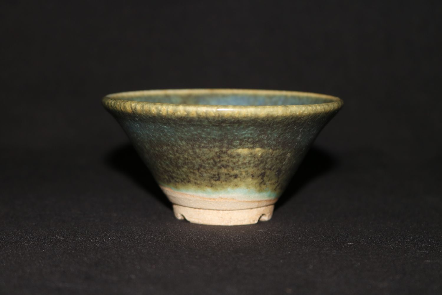 Unknown Maker; Kusamono Pot; 9.5cm; Round; Flared Design; Glazed; Blue; Green; Shipped by the EBPC (UK) - From Bryan Albright&#39;s Private Collection -