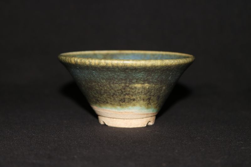 Unknown Maker; Kusamono Pot; 9.5cm; Round; Flared Design; Glazed; Blue; Green; Shipped by the EBPC (UK) - From Bryan Albright's Private Collection -