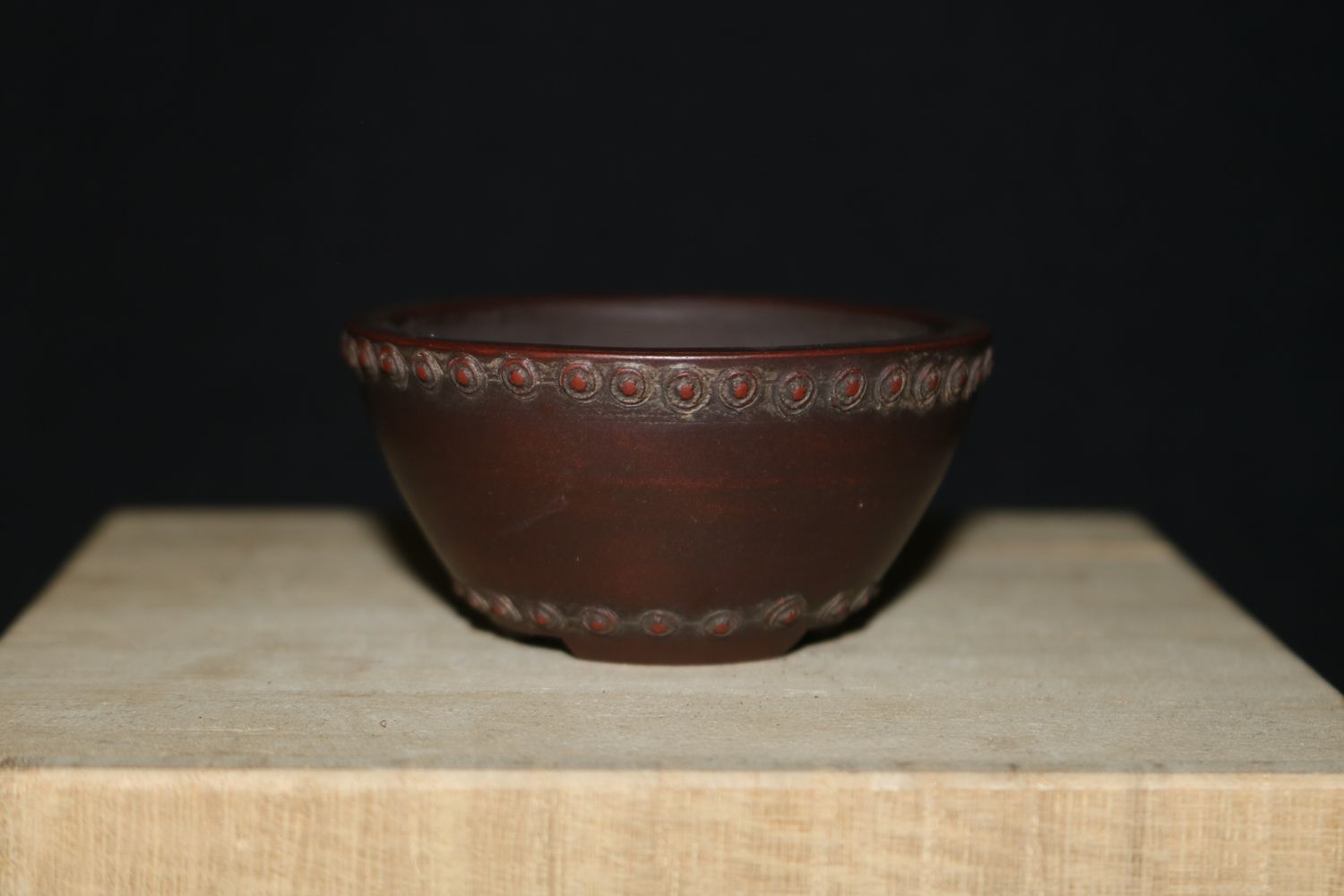 Bigei - Tokoname, Japan; Bonsai Pot; Round; Unglazed; Vermillion Clay; Deep Drum Design; Shipped by the EBPC (UK) - From Bryan Albright&#39;s Private Collection -