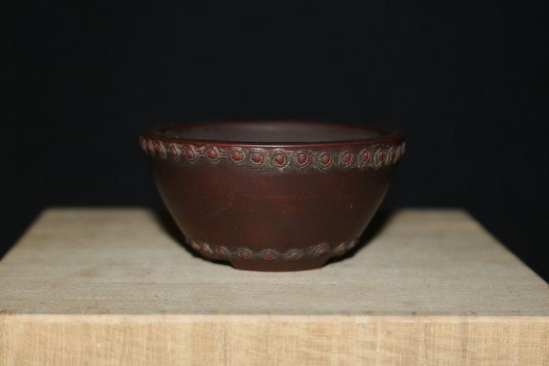 Bigei - Tokoname, Japan; Bonsai Pot; Round; Unglazed; Vermillion Clay; Deep Drum Design; Shipped by the EBPC (UK) - From Bryan Albright's Private Collection -