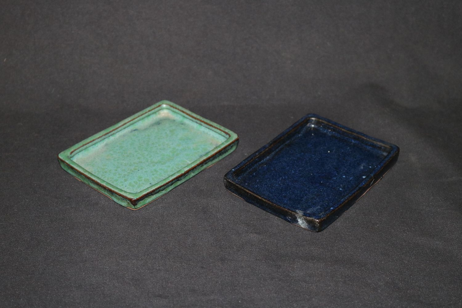 Chinese;   SET of 2 Suiban; Stoneware; Namako Blue &amp; Oribe Green; Aged Aesthetic; Shipped by the EBPC (UK) - From Bryan Albright&#39;s Private Collection -