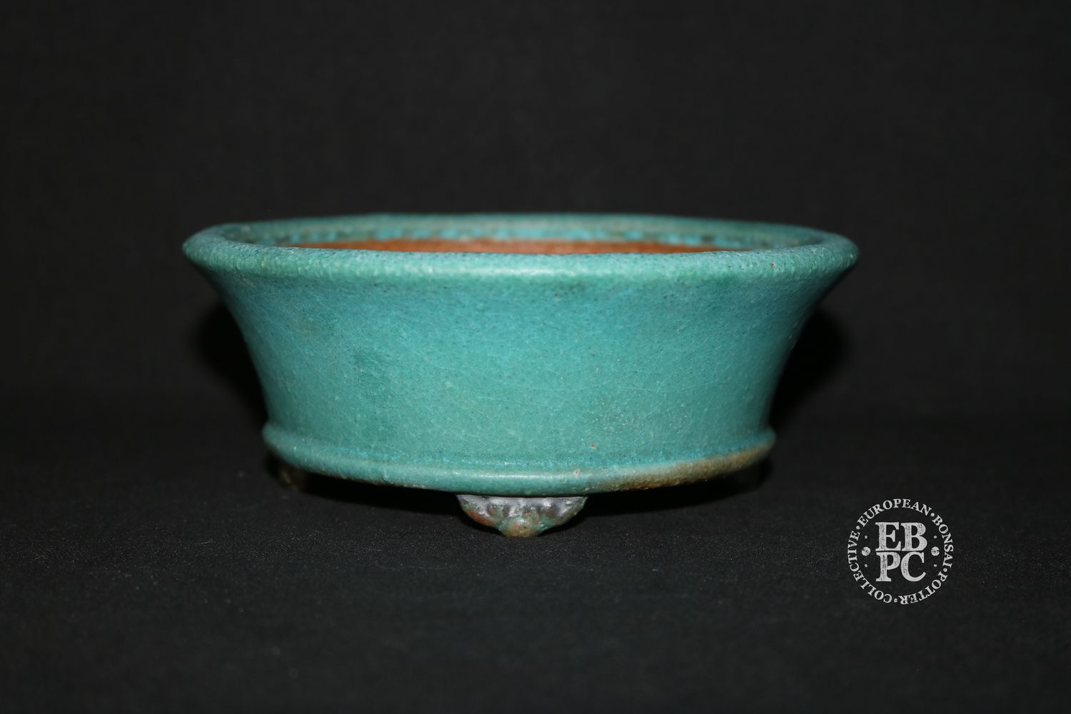 Ian Baillie - 14.1cm; Round; Flared Design; Superb Glaze; Turquoise; Scroll Feet; Basal Band.      Made by Ian Baillie of Scotland.