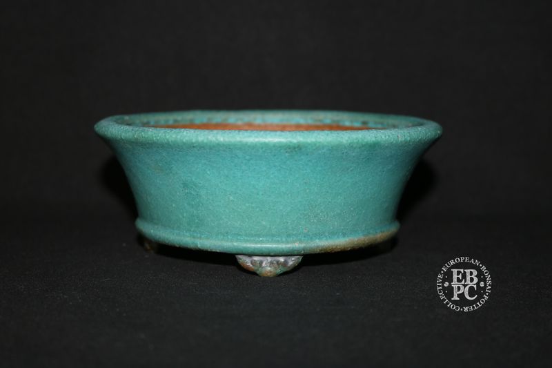 Ian Baillie - 14.1cm; Round; Flared Design; Superb Glaze; Turquoise; Scroll Feet; Basal Band.      Made by Ian Baillie of Scotland.