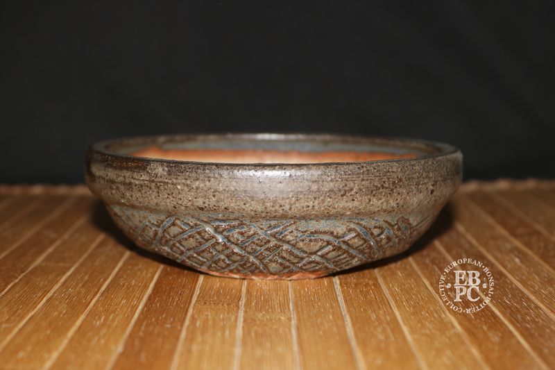 EBL Pots - 15.4cm; Stoneware; Handmade; Large Pot for this Artist; Round; Glazed; Carved Pattern; Browns; EBPC Stamped   - Elsebeth Bruun Ludvigsen
