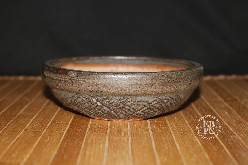 EBL Pots - 15.4cm; Stoneware; Handmade; Large Pot for this Artist; Round; Glazed; Carved Pattern; Browns; EBPC Stamped   - Elsebeth Bruun Ludvigsen