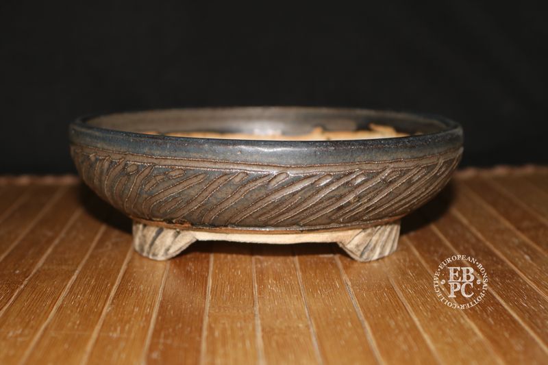EBL Pots - 16.3cm; Stoneware; Handmade; Large Pot for this Artist; Round; Glazed; Carved Pattern; Browns; EBPC Stamped   - Elsebeth Bruun Ludvigsen