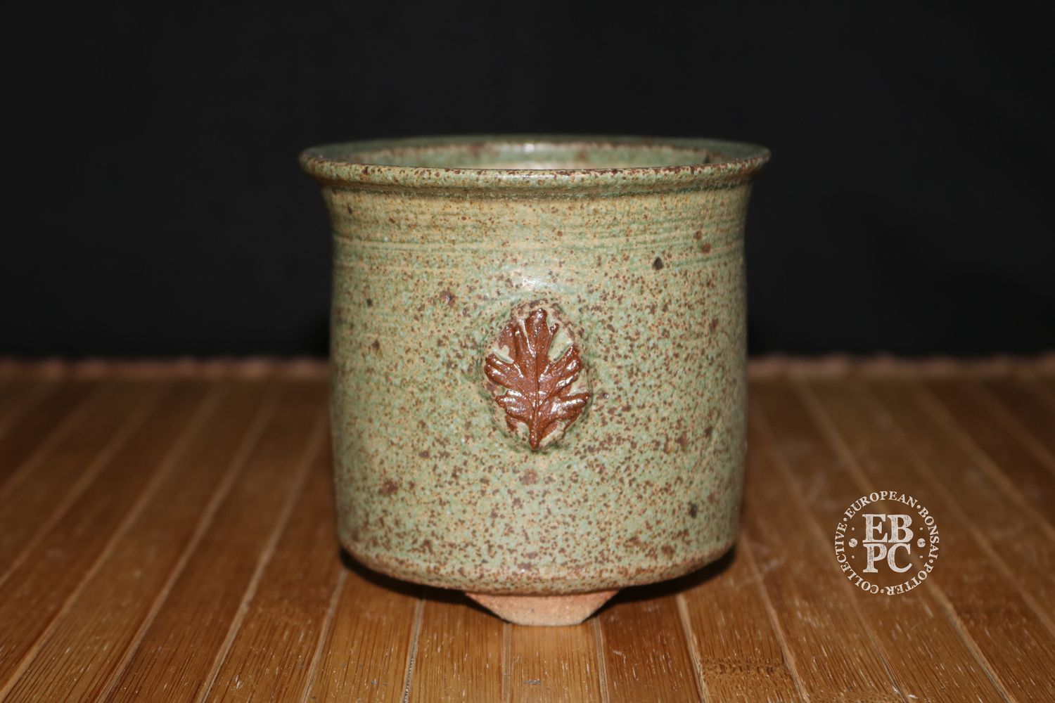 EBL Pots - 9.1cm; Handmade; Round; Mottled Green Glaze; Oak Leaf Motif; Unglazed Feet; EBPC Stamped; Elsebeth Bruun Ludvigsen