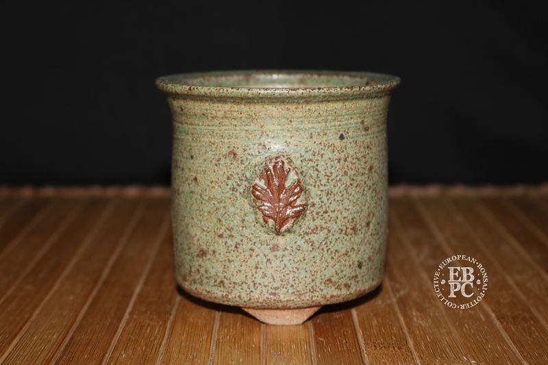 EBL Pots - 9.1cm; Handmade; Round; Mottled Green Glaze; Oak Leaf Motif; Unglazed Feet; EBPC Stamped; Elsebeth Bruun Ludvigsen