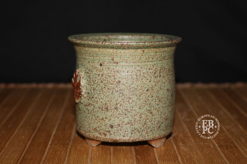 EBL Pots - 9.1cm; Handmade; Round; Mottled Green Glaze; Oak Leaf Motif; Unglazed Feet; EBPC Stamped; Elsebeth Bruun Ludvigsen