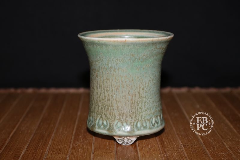 EBL Pots - 8.3cm; Handmade; Round; Elegant Concave form; Excellent Green &amp; Brown Glaze; Incised Pattern; EBPC Stamped; Elsebeth Bruun Ludvigsen