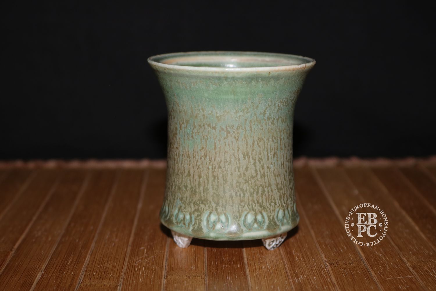 EBL Pots - 8.3cm; Handmade; Round; Elegant Concave form; Excellent Green &amp; Brown Glaze; Incised Pattern; EBPC Stamped; Elsebeth Bruun Ludvigsen