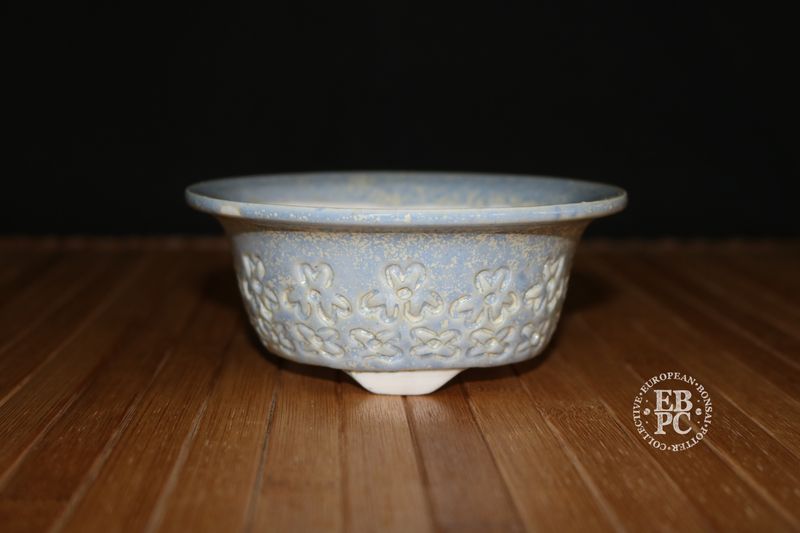 EBL Pots - 12.3cm; Handmade; Porcelain; Shohin; Round; Flower Patterns; Dappled Glaze; EBPC Stamped; Elsebeth Bruun Ludvigsen