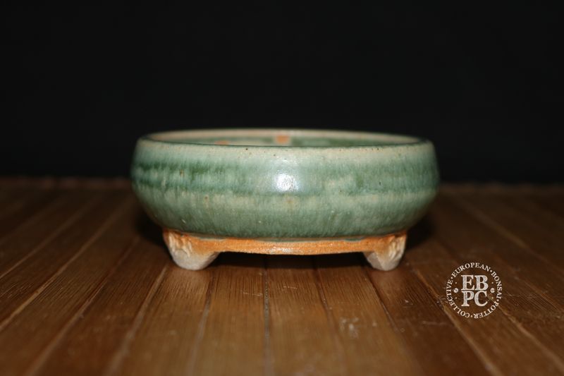 EBL Pots - 11cm; Handmade; Stoneware; Round; Running Glaze; Green; Recessed Feet; EBPC Stamped; Elsebeth Bruun Ludvigsen
