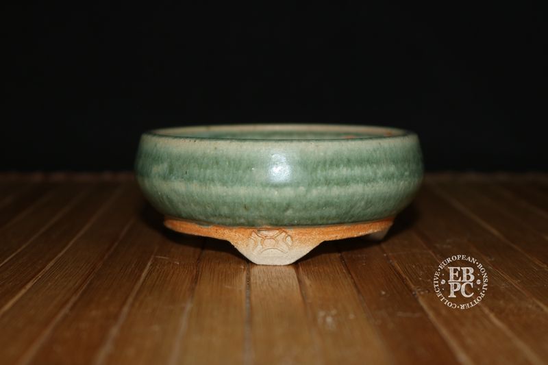 EBL Pots - 11cm; Handmade; Stoneware; Round; Running Glaze; Green; Recessed Feet; EBPC Stamped; Elsebeth Bruun Ludvigsen