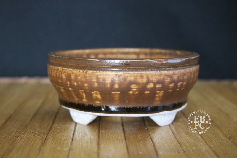 EBL Pots - 11.4cm; Handmade; Stoneware; Round; Running Glaze; Toffee Brown; Recessed Feet; EBPC Stamped; Elsebeth Bruun Ludvigsen