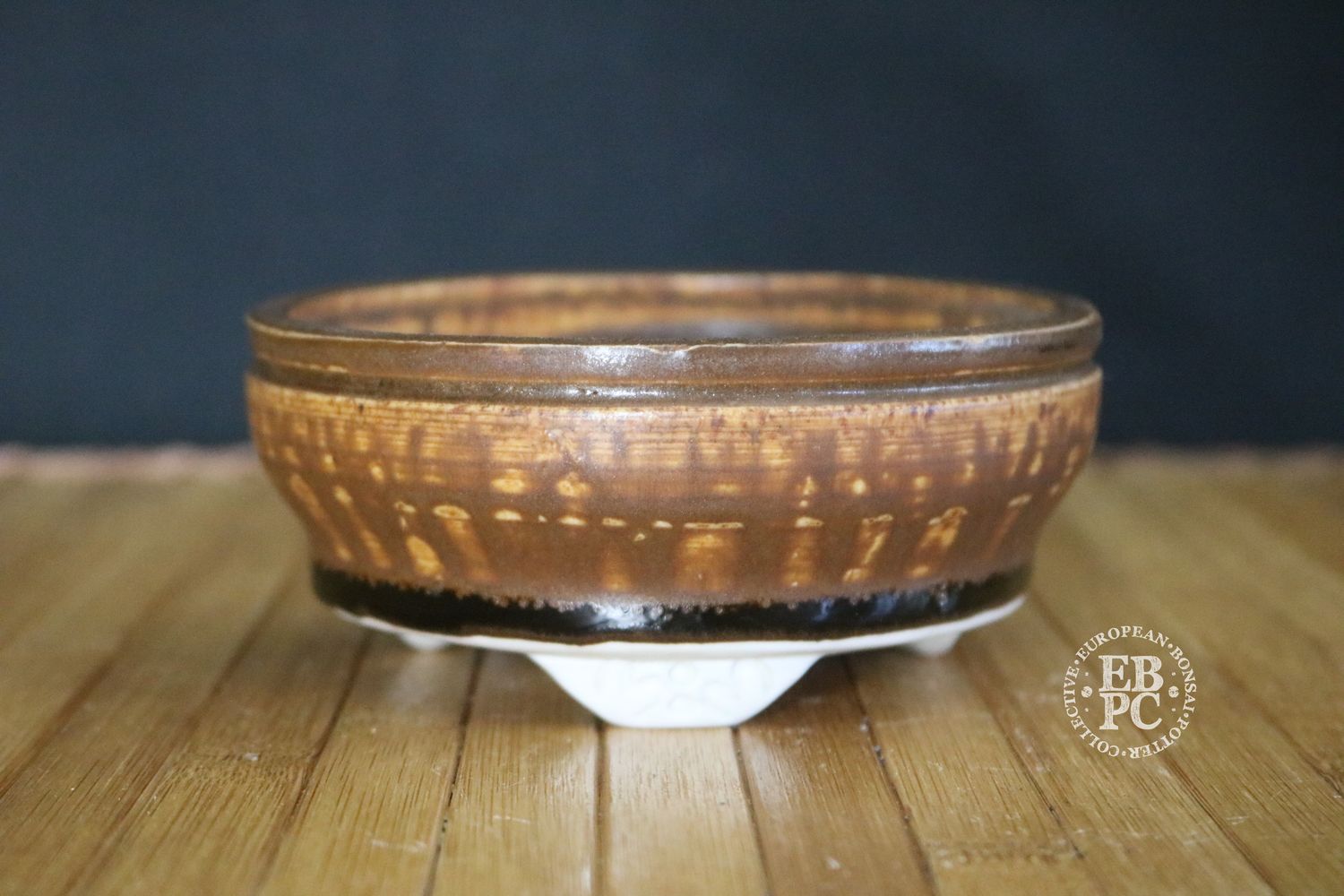 EBL Pots - 11.4cm; Handmade; Stoneware; Round; Running Glaze; Toffee Brown; Recessed Feet; EBPC Stamped; Elsebeth Bruun Ludvigsen