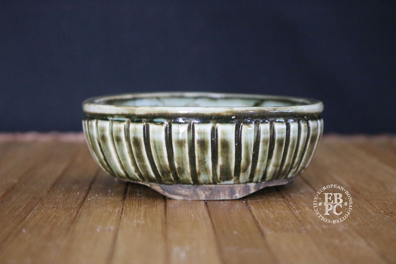 EBL Pots - 11cm; Handmade; Porcelain; Round; Carved Body; Green; Recessed Feet; EBPC Stamped; Elsebeth Bruun Ludvigsen