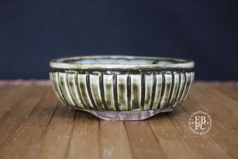 EBL Pots - 11cm; Handmade; Porcelain; Round; Carved Body; Green; Recessed Feet; EBPC Stamped; Elsebeth Bruun Ludvigsen