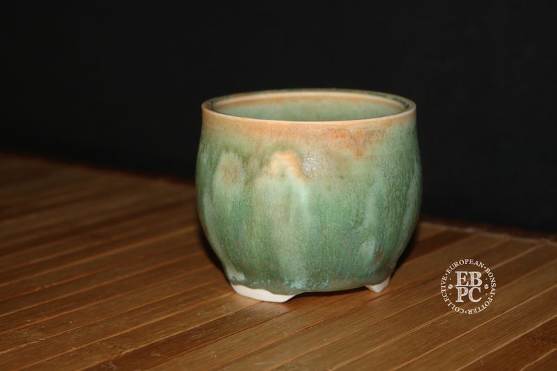 EBL Pots - 9cm; Handmade; Round; Mottled Glaze; Green, Blue, Brown; Unglazed Feet; EBPC Stamped; Elsebeth Bruun Ludvigsen