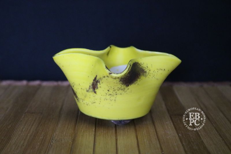 EBL Pots - 11.4cm; Handmade; Porcelain; Pinched Round; Vibrant Glaze; Yellow, Volcanic Lava Sand; Unglazed Feet; EBPC Stamped; Elsebeth Bruun Ludvigsen