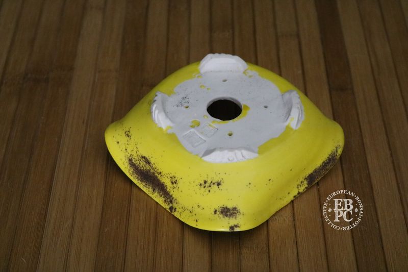 EBL Pots - 12.5cm; Handmade; Porcelain; Manipulated Round; Vibrant Glaze; Yellow, Volcanic Lava Sand; Unglazed Feet; EBPC Stamped; Elsebeth Bruun Ludvigsen