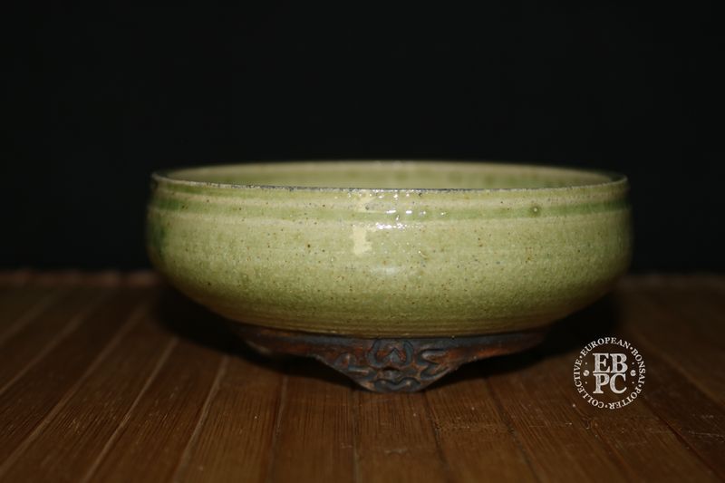 EBL Pots - 12.3cm; Handmade; Stoneware; Round; Semi-translucent Glaze; Crackle Glaze; Oribe Green; Recessed Feet; EBPC Stamped; Elsebeth Bruun Ludvigsen