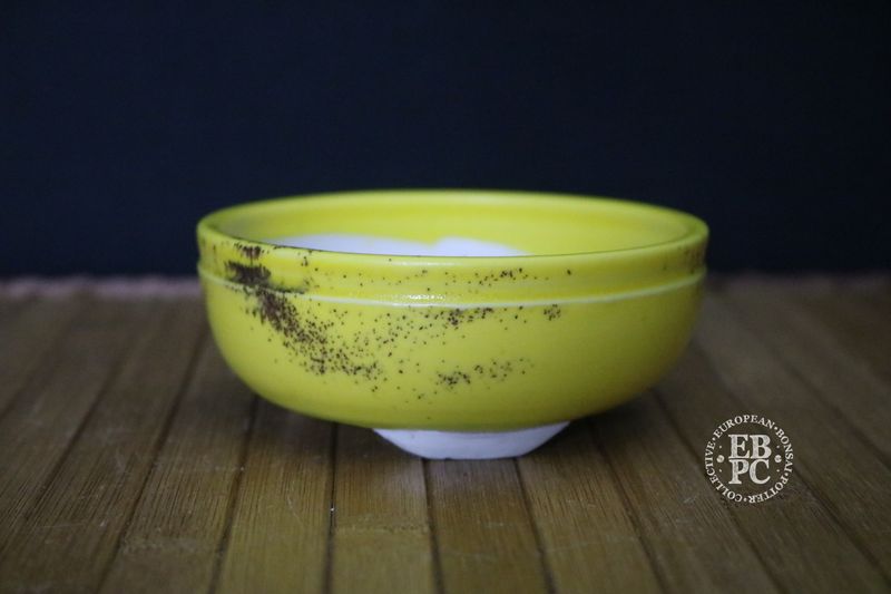 EBL Pots - 10.1cm; Handmade; Porcelain; Refined Round; Vibrant Glaze; Yellow, Volcanic Lava Sand; Unglazed Feet; EBPC Stamped; Elsebeth Bruun Ludvigsen
