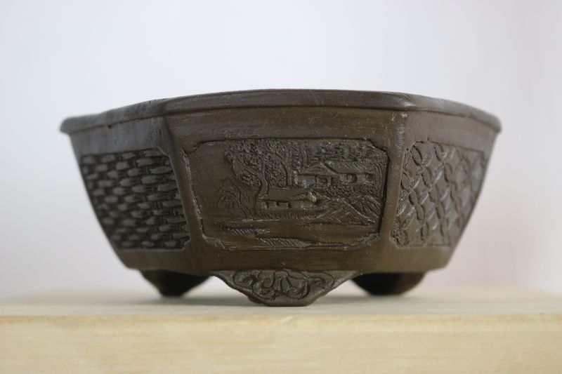 Tani Ranzan; Japan. 12.3cm; Hexagonal; Carved; Dragon; Landscape; Birds; Patterns; Signed By Artist.