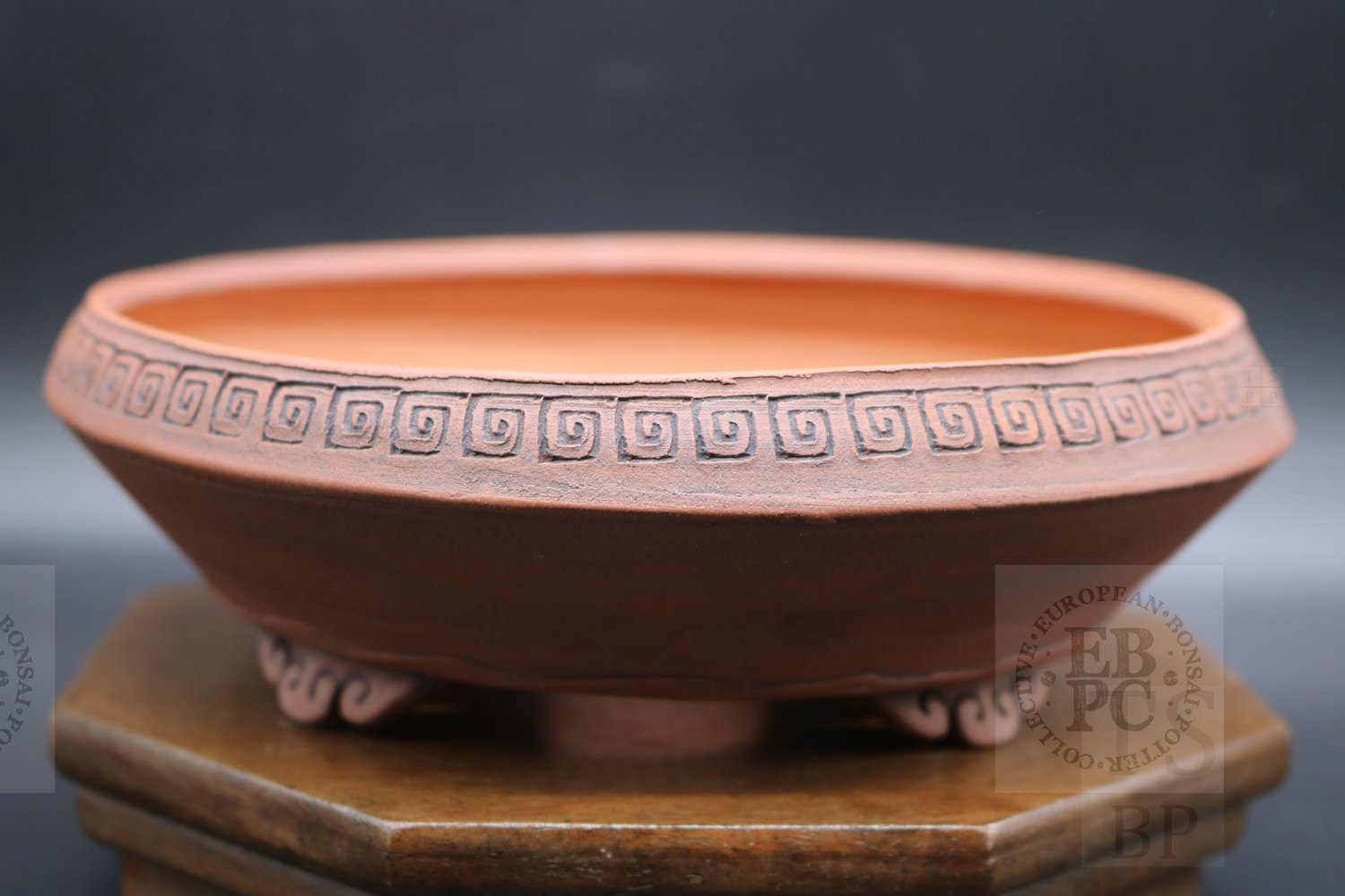 SOLD - Gramming Pots - 18.2cm, round, unglazed, carved geometric border patterns, Tomas Gramming
